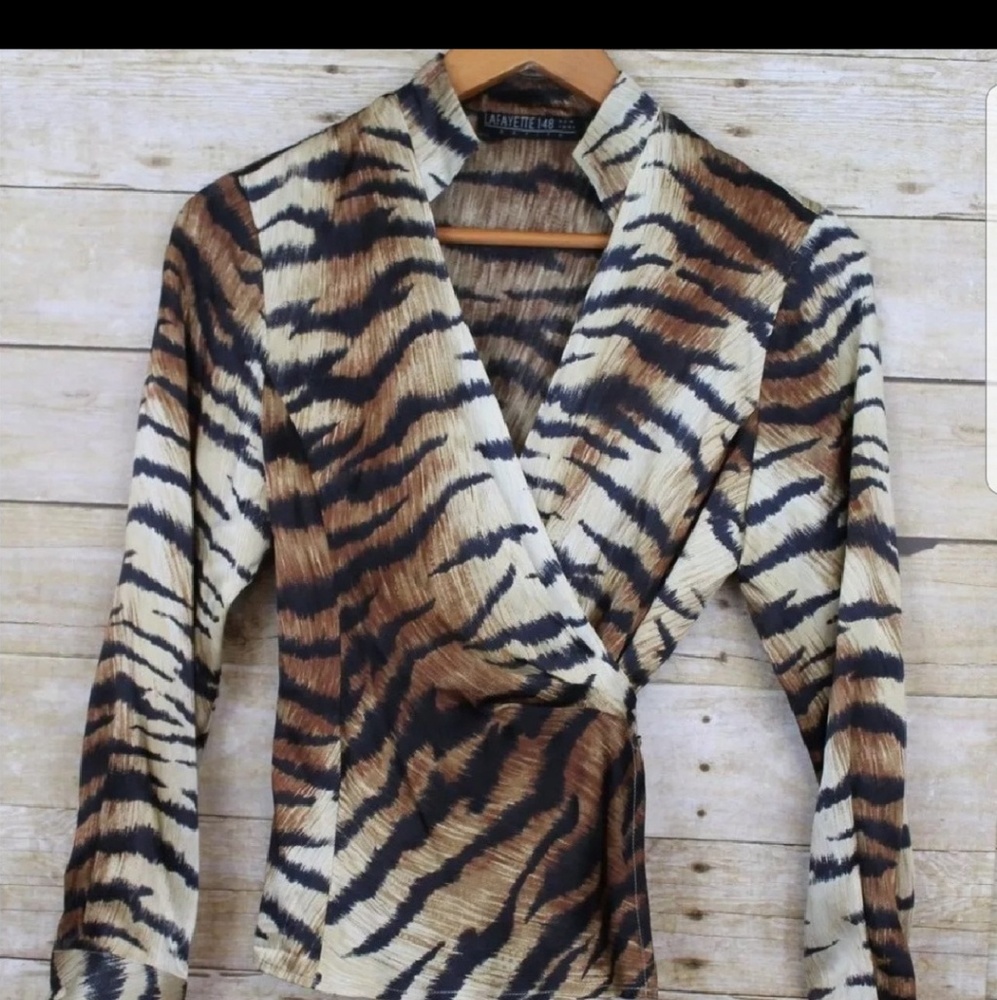 100% Silk tiger print wrap blouse